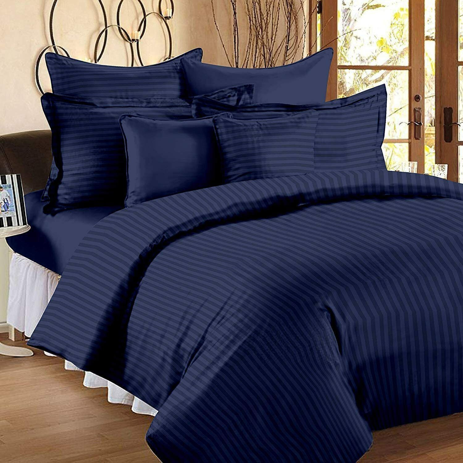 Image of Hazal Cotton Double Flat 300 TC Striped 1 Bedsheet with 2 Pillow Covers