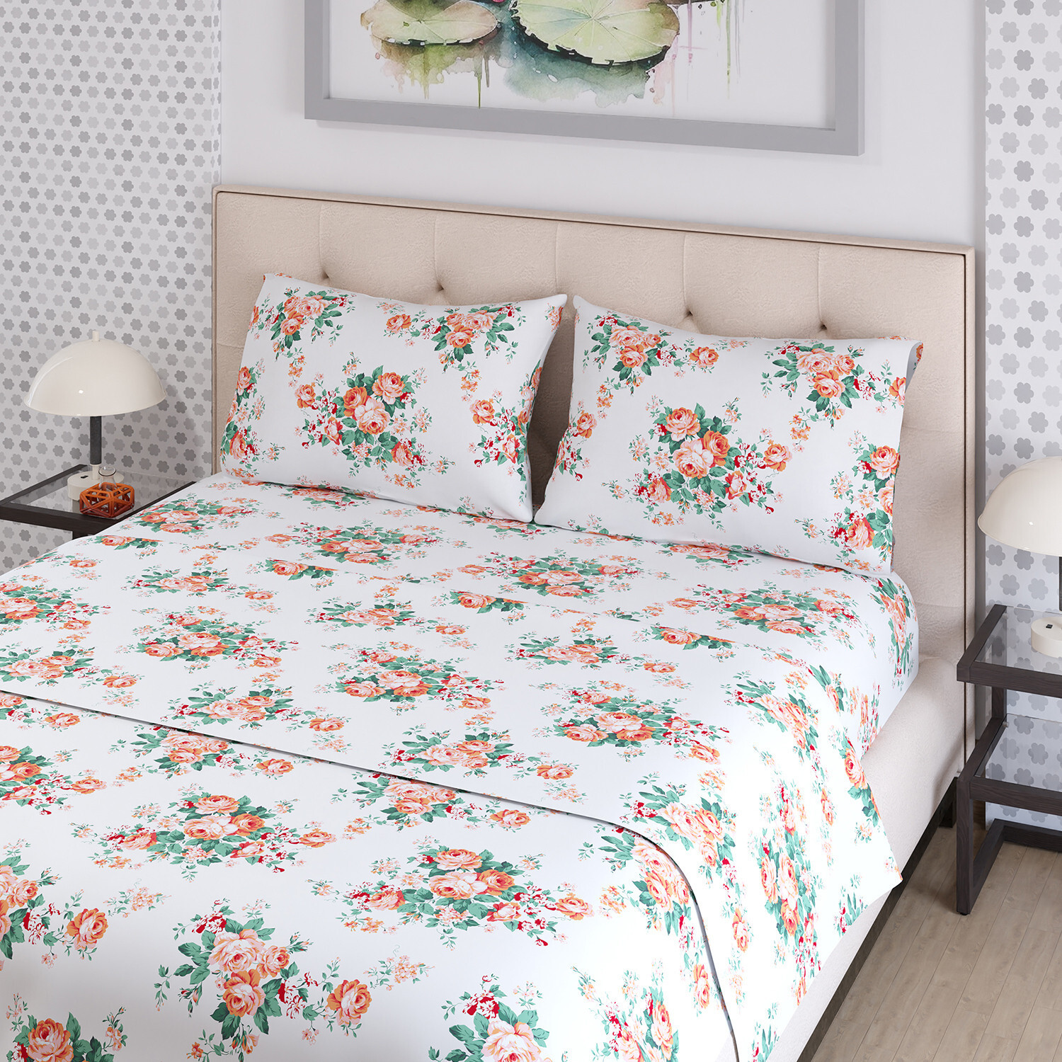 Image of Layers Cotton Blend Double Flat 225 TC Printed 1 Bedsheet with 2 Pillow Covers