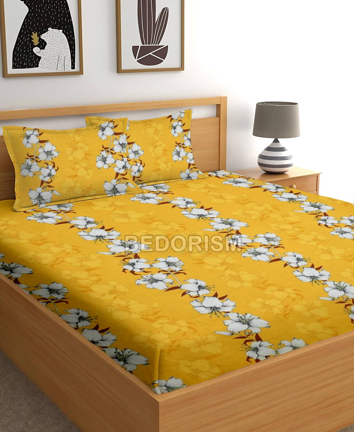 BEDORISM Cotton King Fitted (Elastic) 180 TC Printed 1 Bedsheet with 2 Pillow Covers