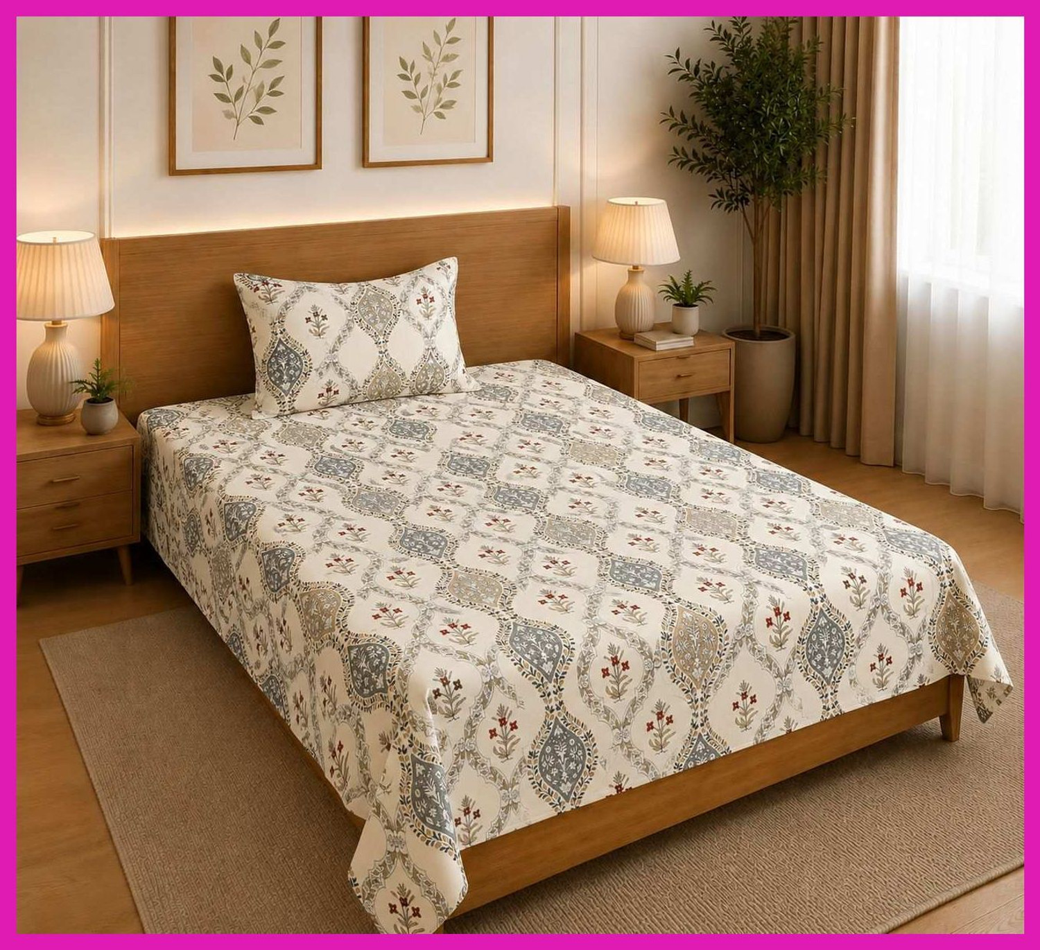 Image of Poddar Fab's Cotton Single Flat 240 TC Floral 1 Summer Bedsheet (Grey)