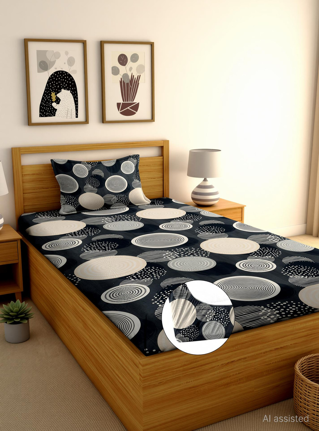 Image of Moonroof Cotton Single Fitted (Elastic) 240 TC Printed 1 Bedsheet with 2 Pillow Covers