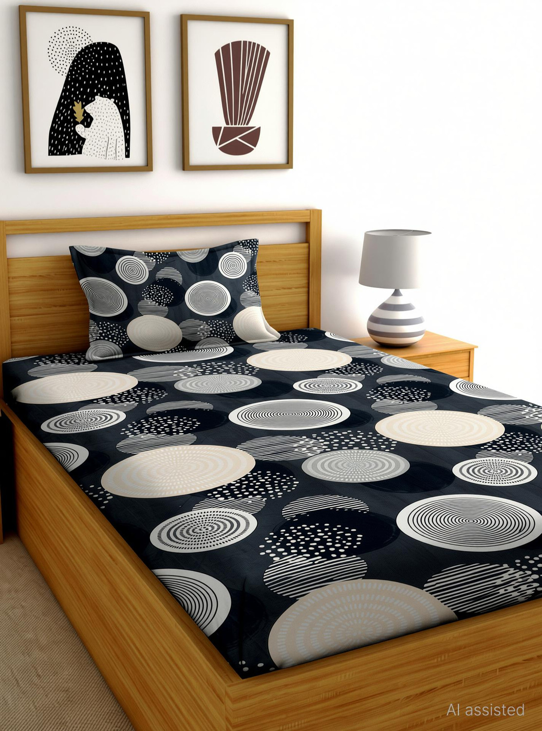 Image of Moonroof Cotton Single Fitted (Elastic) 240 TC Printed 1 Bedsheet with 2 Pillow Covers