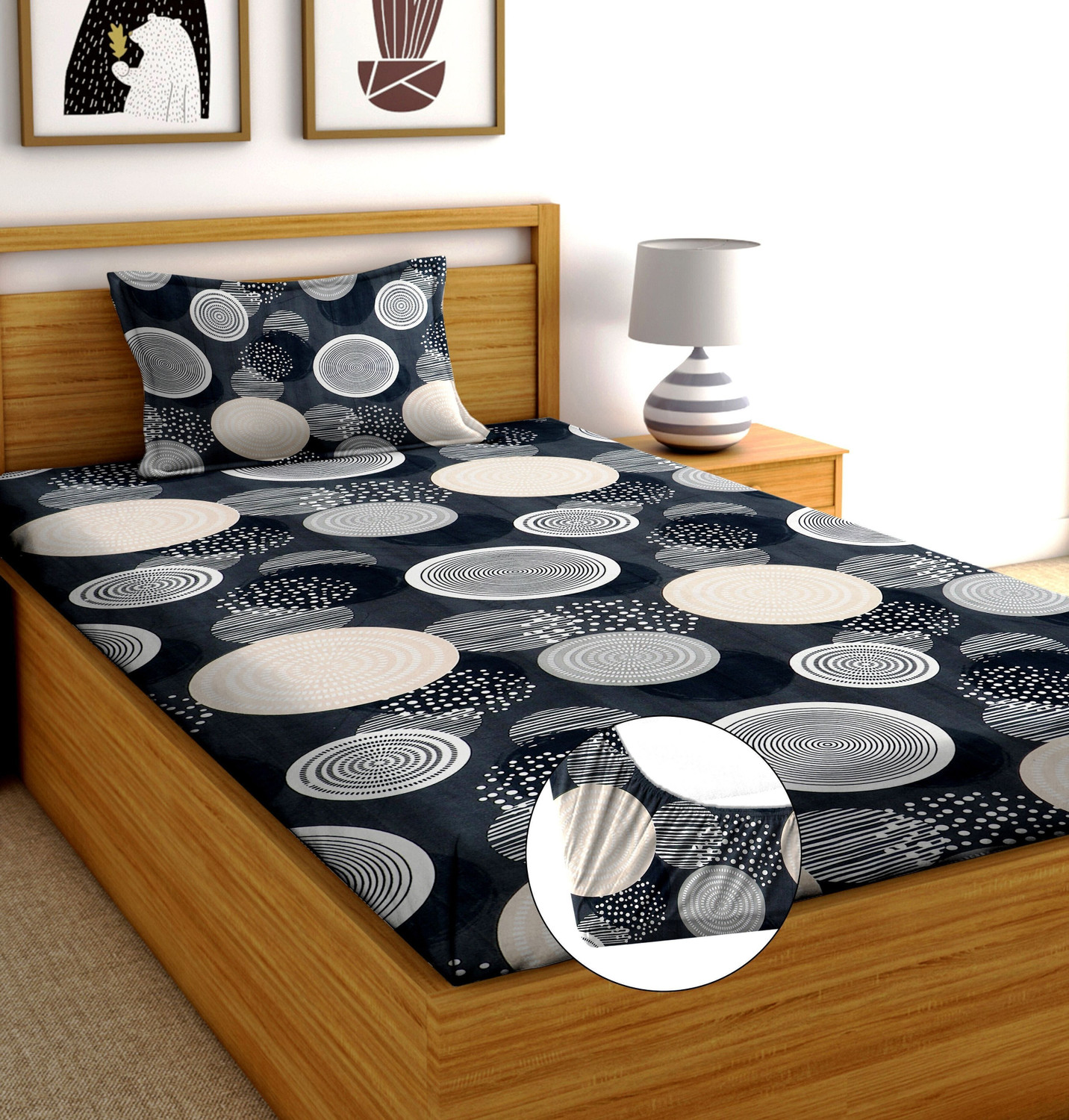 Image of Moonroof Cotton Single Fitted (Elastic) 240 TC Printed 1 Bedsheet with 2 Pillow Covers
