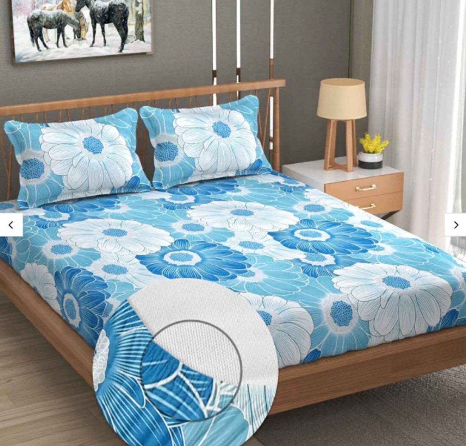 Aarna Handloom Cotton Double, King Fitted (Elastic) 300 TC Floral 1 Bedsheet with 2 Pillow Covers