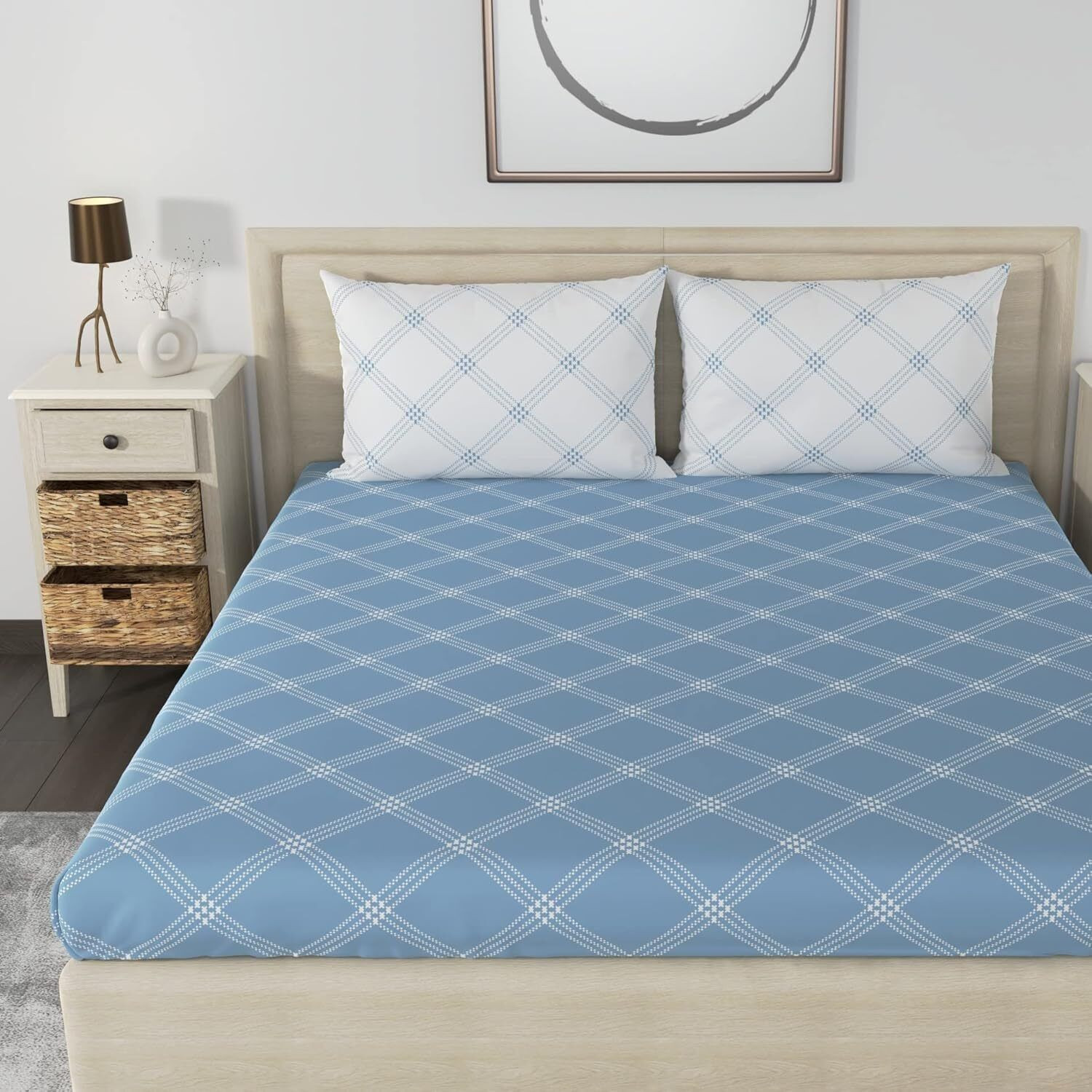 Image of Huesland Cotton King Fitted (Elastic) 210 TC Geometric 1 Bedsheet with 2 Pillow Covers