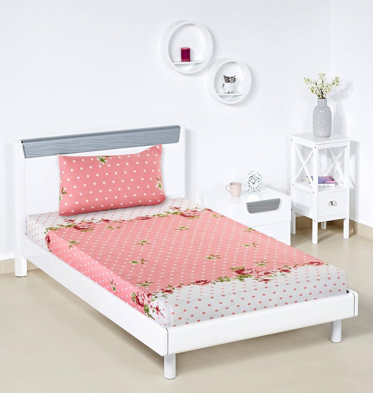 BeddingZone Cotton Single Flat 144 TC Floral 1 Bedsheet with 2 Pillow Covers