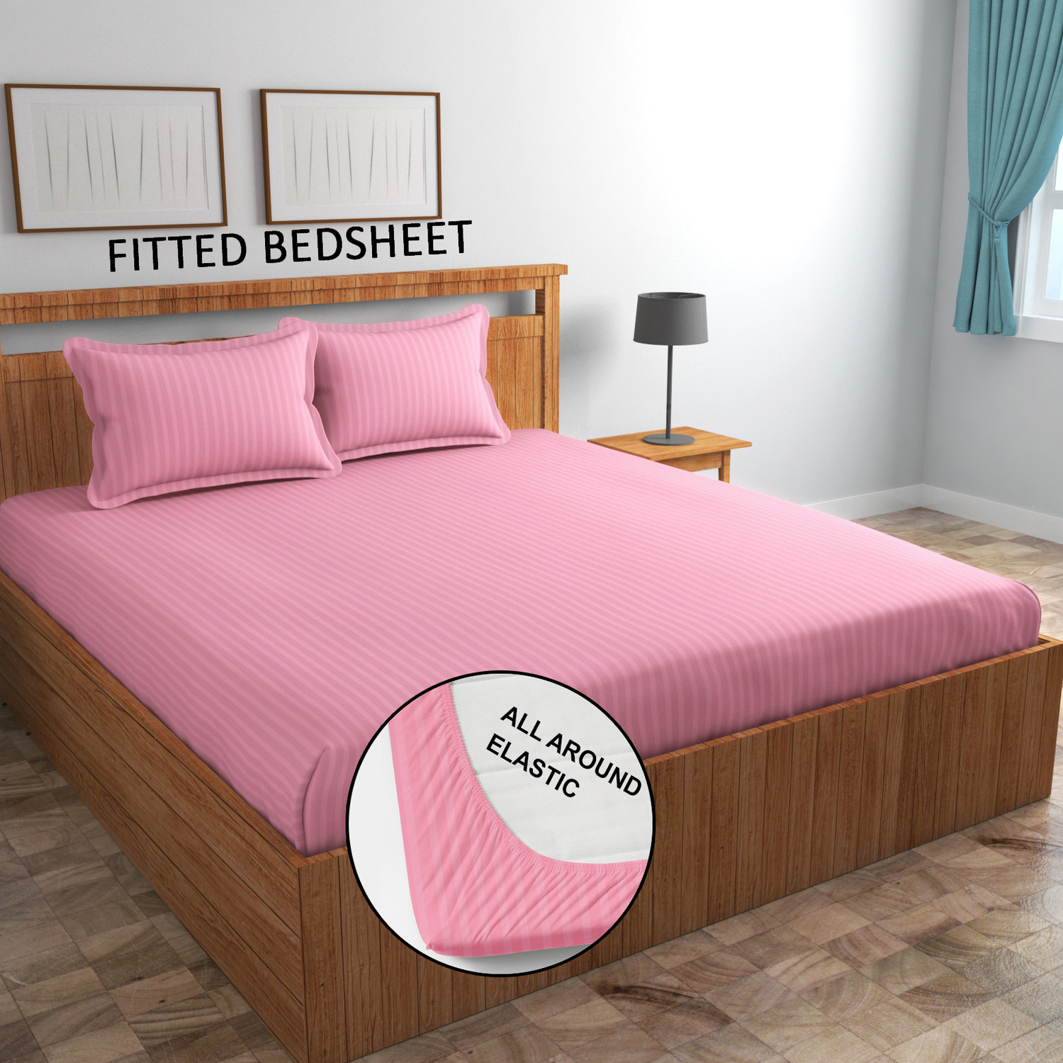 Image of Homefab India Cotton King Fitted (Elastic) 140 TC Striped 1 Summer Bedsheet with 2 Pillow Covers
