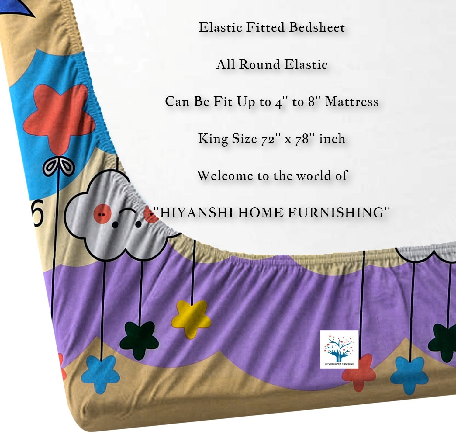 Image of HIYANSHI HOME FURNISHING Polycotton King Fitted (Elastic) 210 TC Floral 1 Bedsheet with 2 Pillow Covers