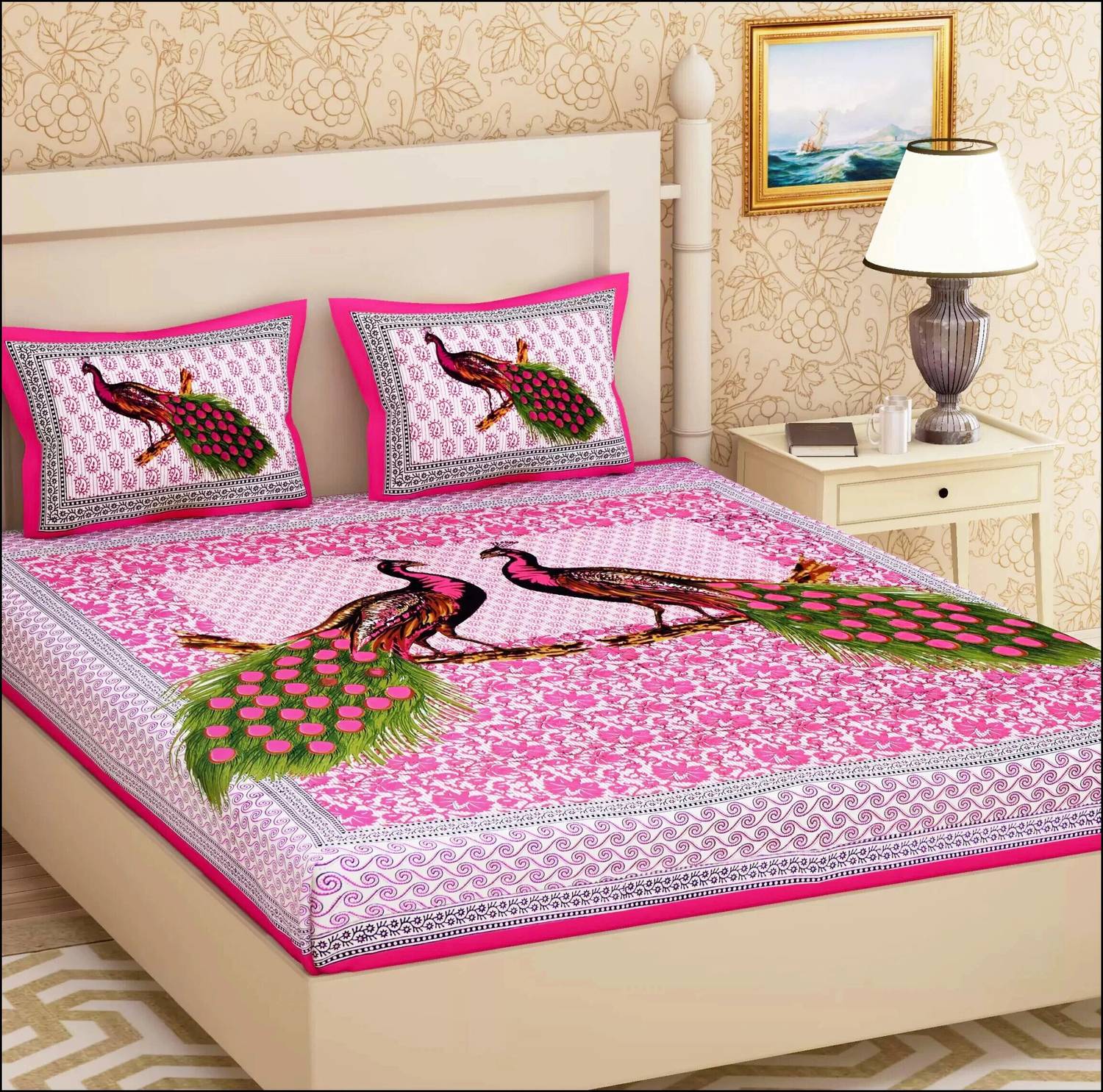 Leo Creation Cotton Double, Queen Flat 144 TC Jaipuri Prints 1 Be