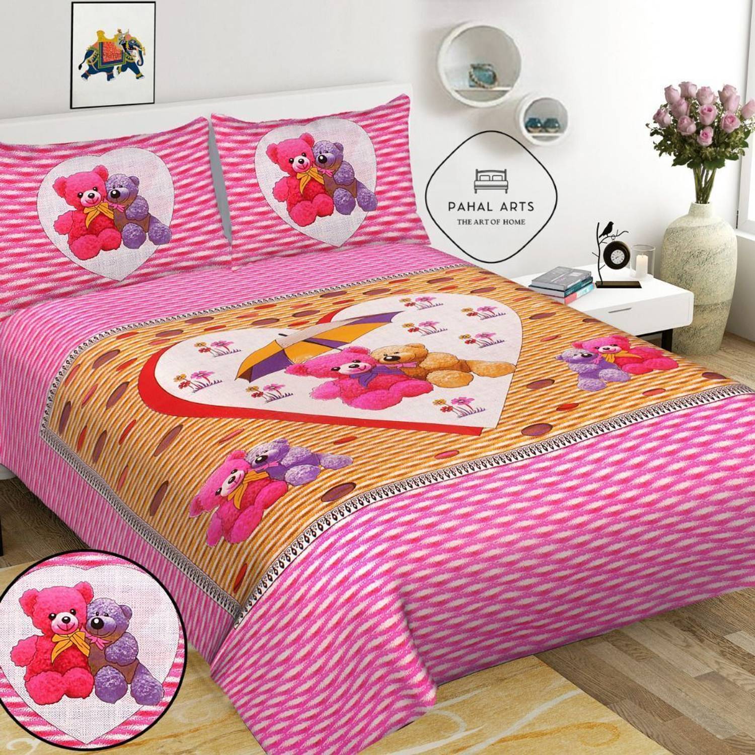 PahalArts Cotton Double Flat 144 TC Jaipuri Prints 1 Bedsheet wit