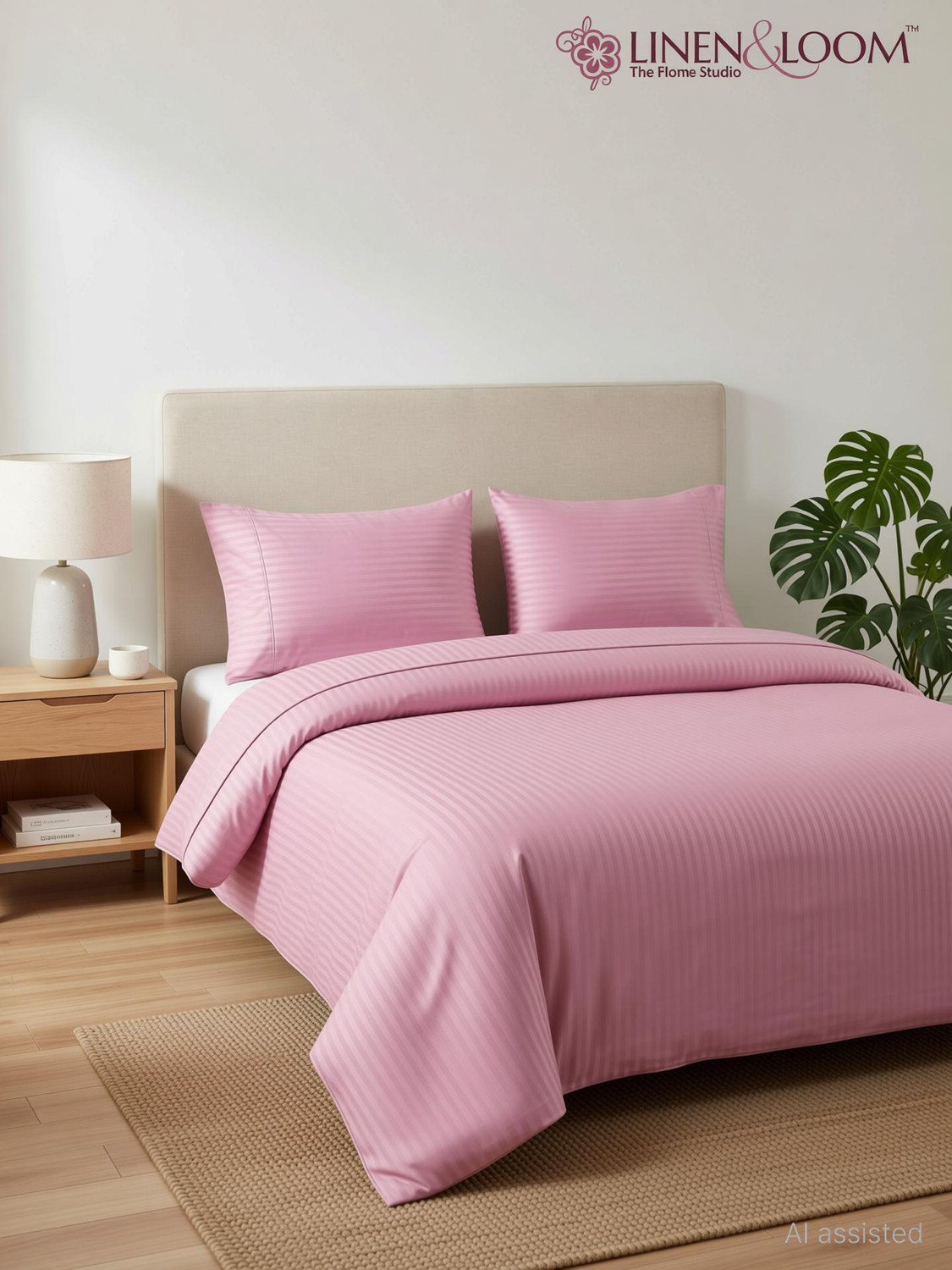 Image of Linen & Loom Cotton Blend Super King Flat 200 TC Striped 1 Bedsheet with 2 Pillow Covers