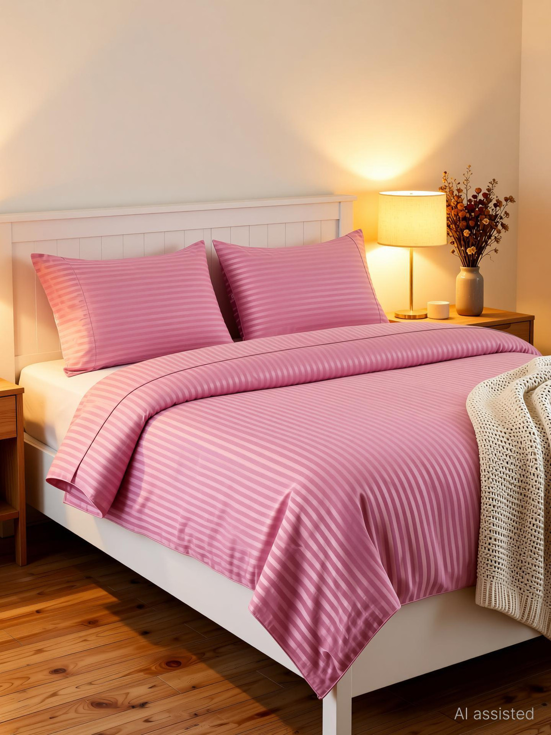 Image of Linen & Loom Cotton Blend Super King Flat 200 TC Striped 1 Bedsheet with 2 Pillow Covers