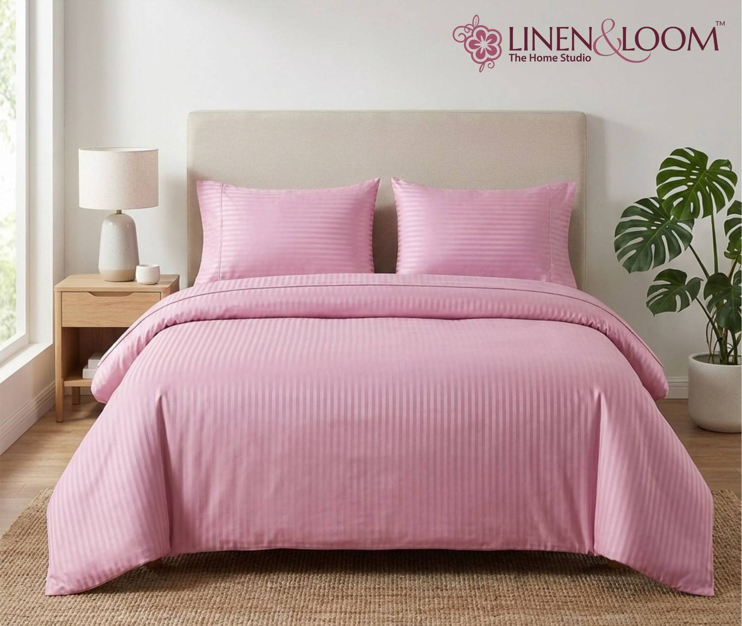 Image of Linen & Loom Cotton Blend Super King Flat 200 TC Striped 1 Bedsheet with 2 Pillow Covers