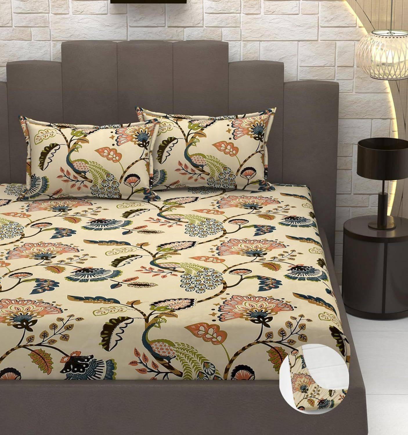 BEDORISM Microfiber, Cotton King Fitted (Elastic) 280 TC Floral 1 Summer Bedsheet with 2 Pillow Covers