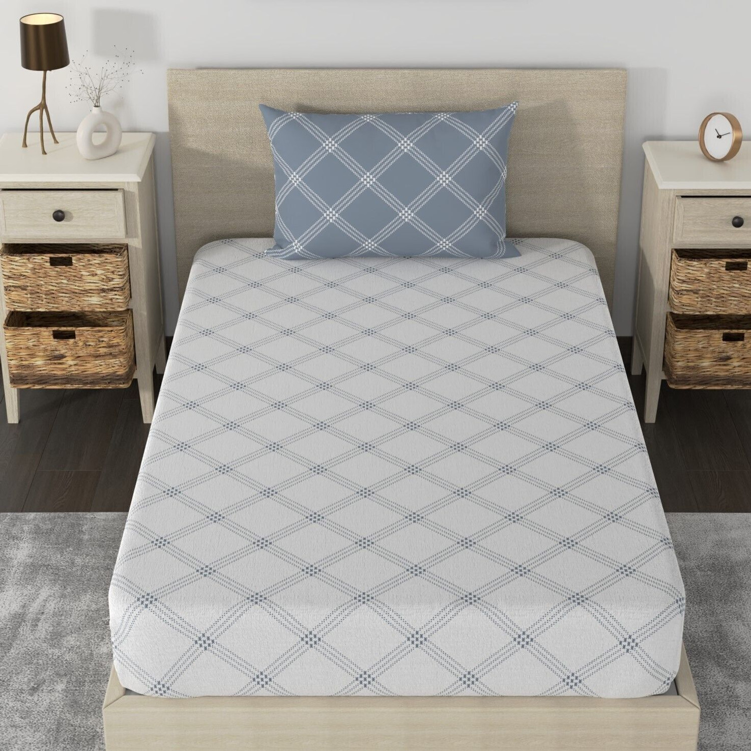 Image of Huesland Cotton Single Flat 210 TC Geometric 1 Bedsheet with 2 Pillow Covers