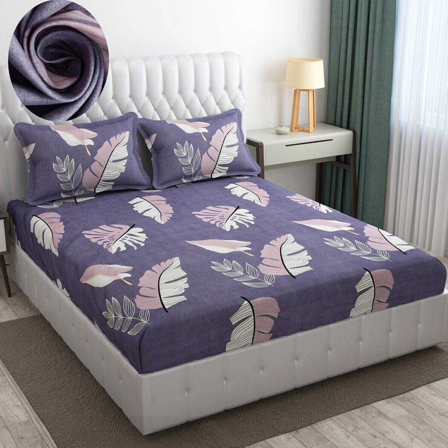 BLUEDOT Microfiber Double Fitted (Elastic) 160 TC Printed 1 Bedsheet with 2 Pillow Covers