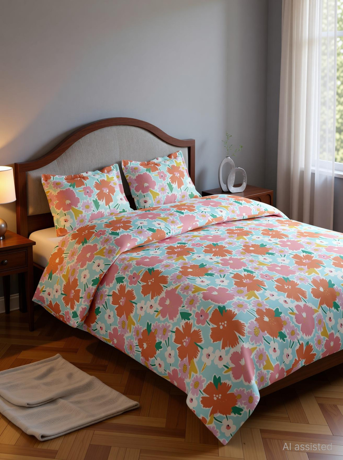 Image of haus & kinder Cotton King Fitted (Elastic) 144 TC Printed 1 Bedsheet with 2 Pillow Covers