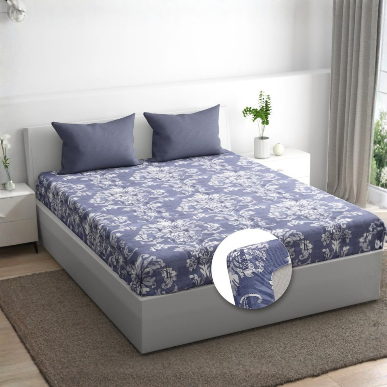 Image of Wakefit Cotton King Fitted (Elastic) 200 TC Floral 1 AC Bedsheet with 2 Pillow Covers
