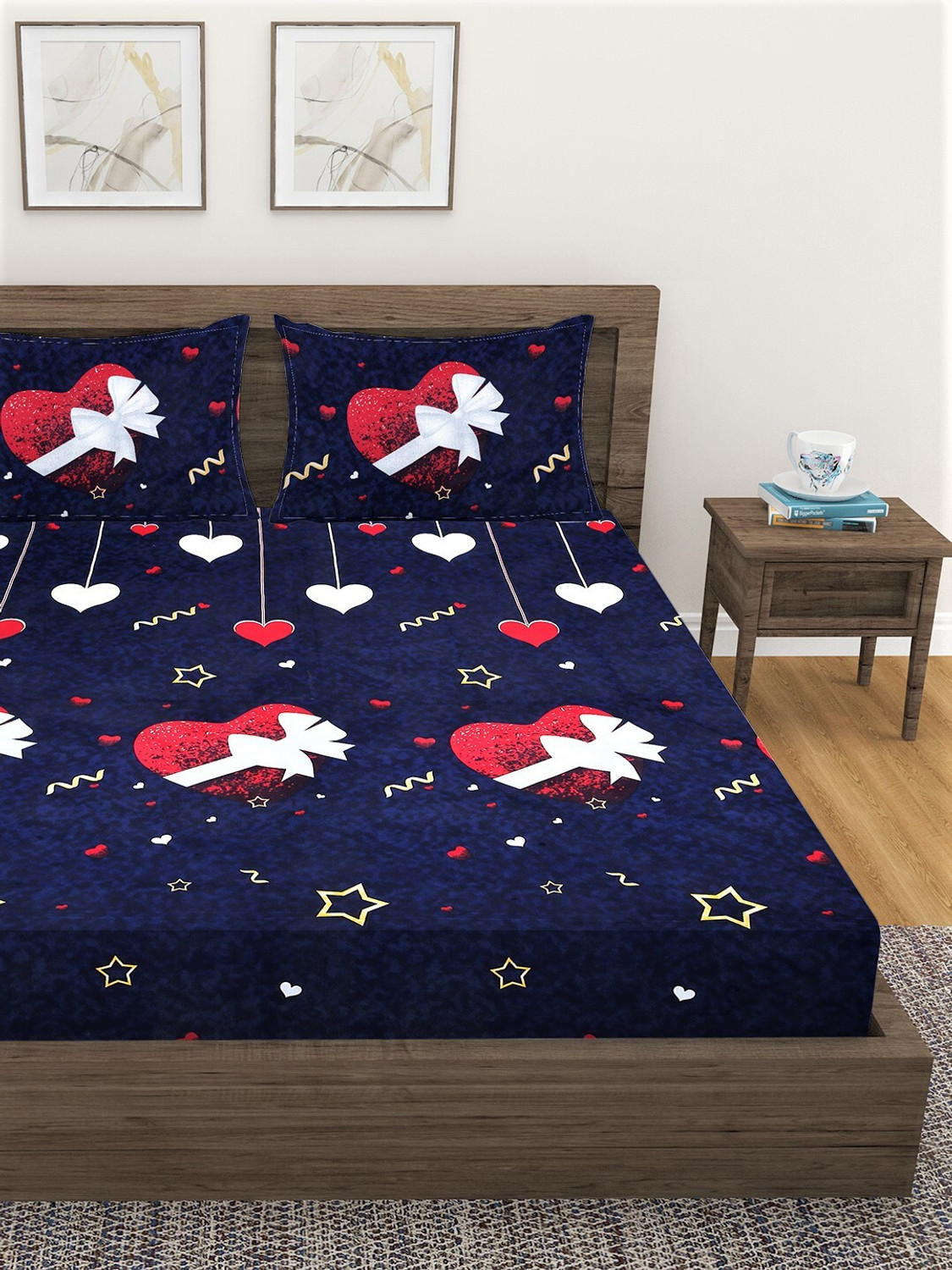 Image of Fashion String Microfiber Double Fitted (Elastic) 144 TC Printed 1 Bedsheet with 2 Pillow Covers