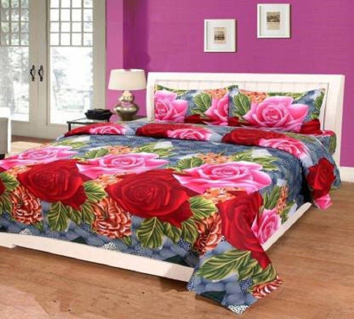 AK Pollycotton Polycotton, Microfiber, Cotton Blend Double Flat 140 TC 3D Printed 1 Bedsheet with 2 Pillow Covers