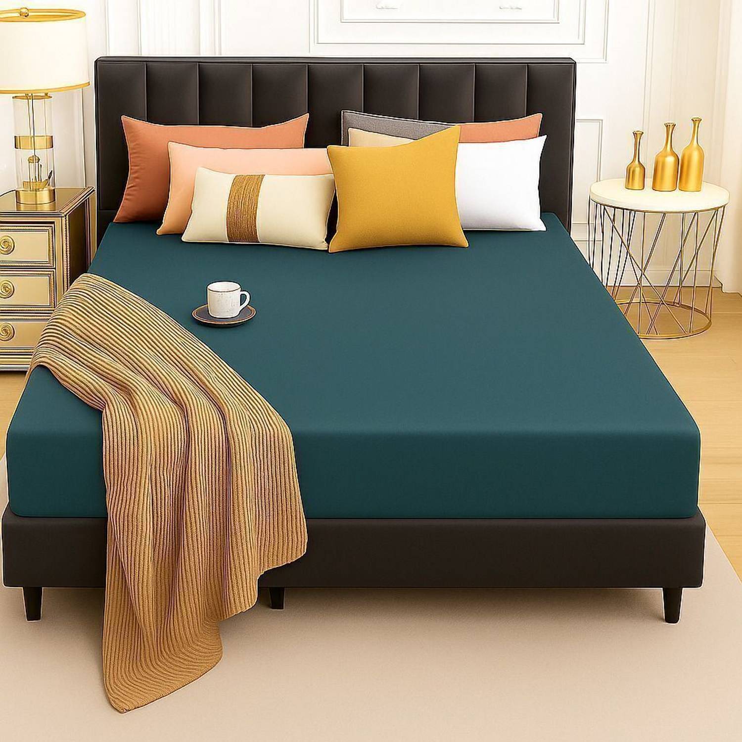 Blufurn Cotton Double Fitted (Elastic) 200 TC Solid 1 AC Bedsheet