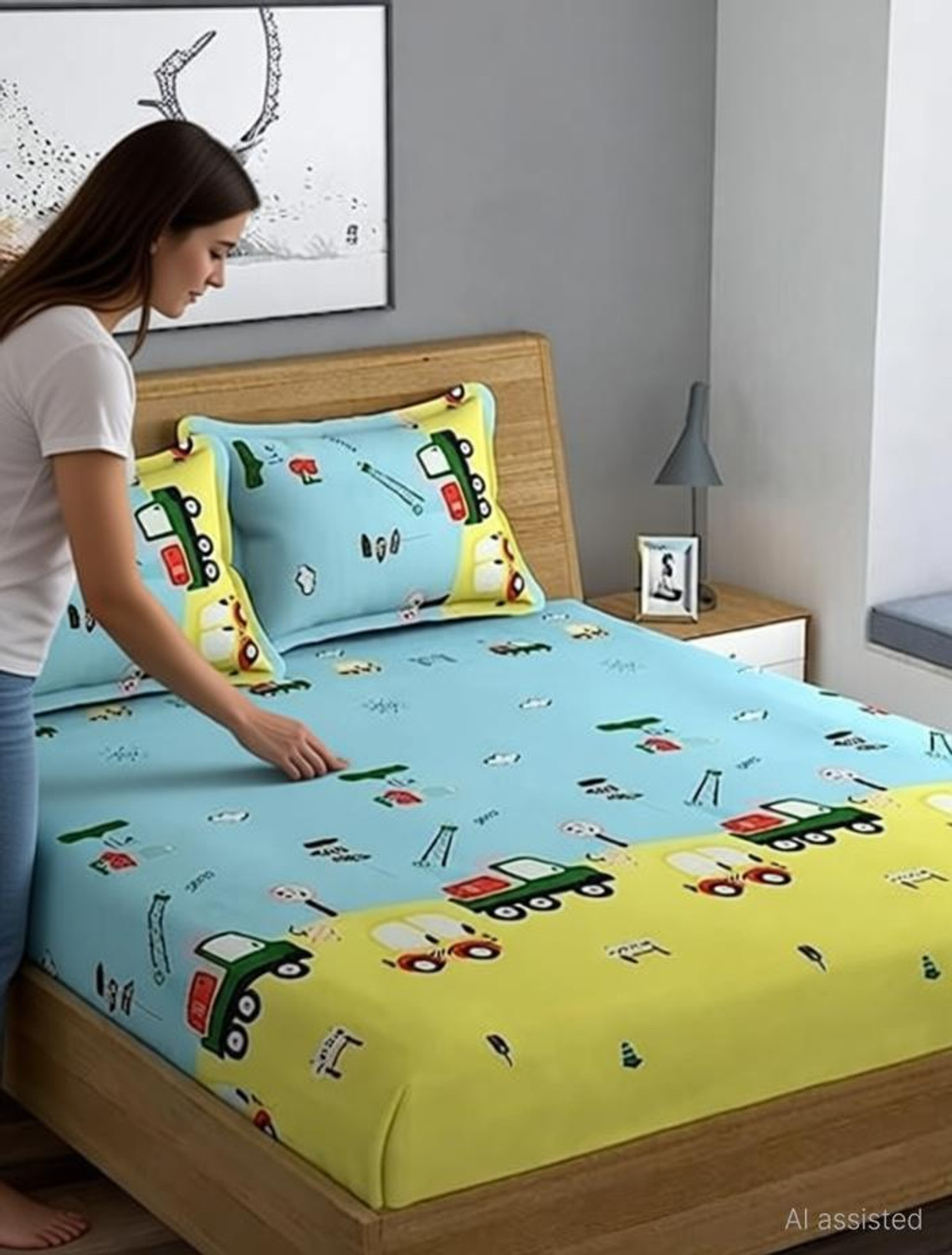 Image of Home Sizzler Microfiber King Fitted (Elastic) 144 TC Cartoon 1 Bedsheet with 2 Pillow Covers