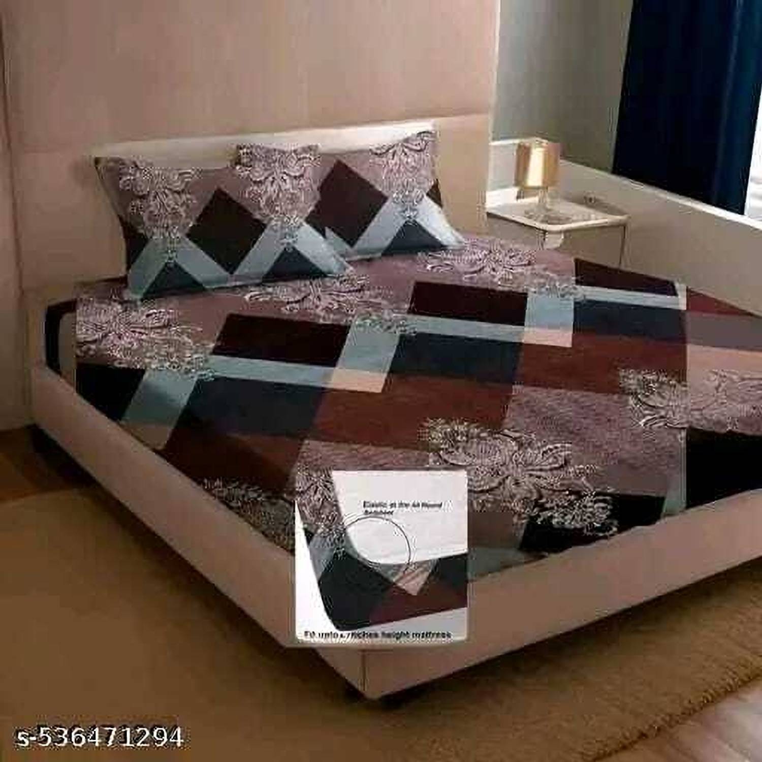 Bedsheat hub Cotton Double Fitted (Elastic) 320 TC Geometric 1 Summer Bedsheet with 2 Pillow Covers