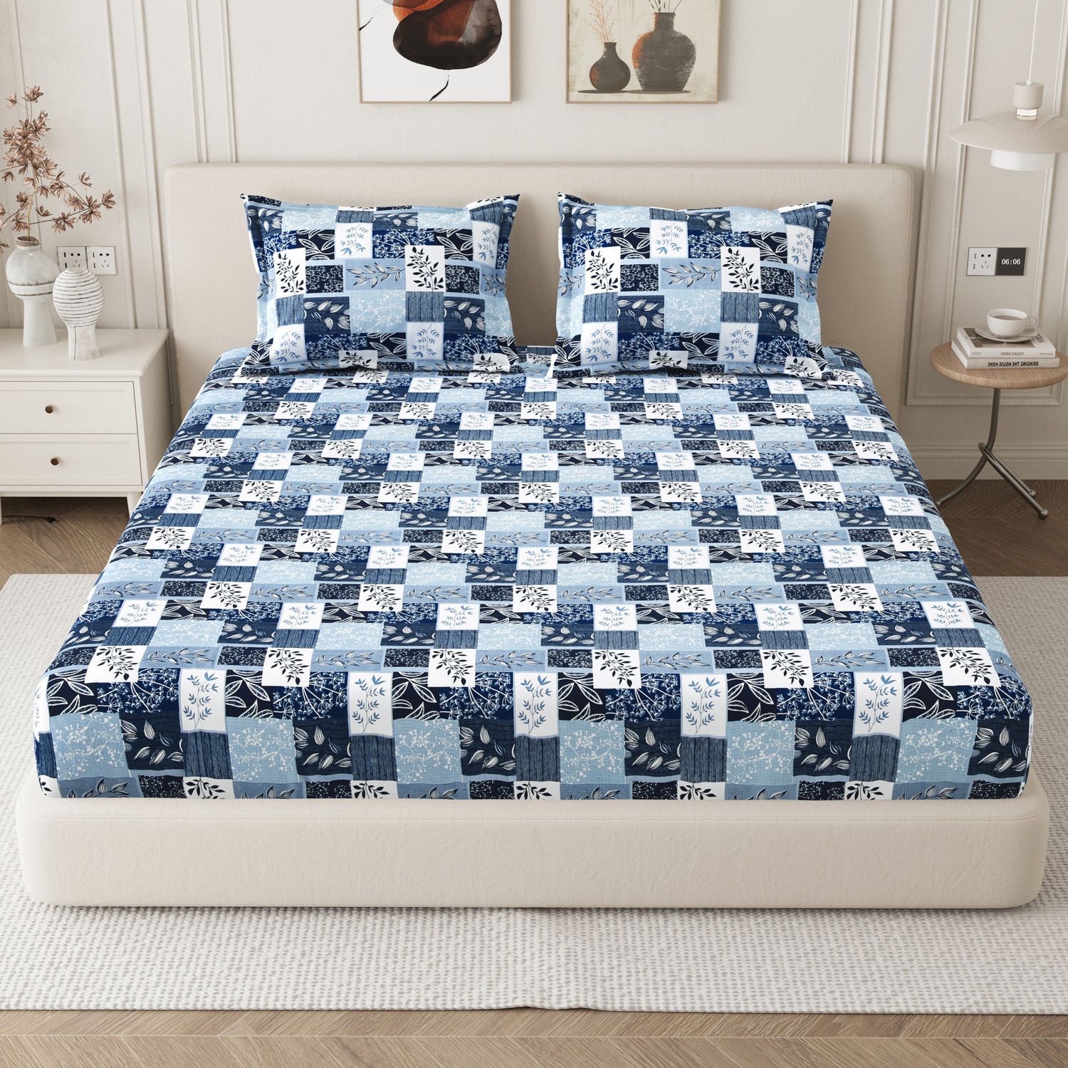 Image of Homeful Style Microfiber Queen Fitted (Elastic) 160 TC Printed 1 Summer Bedsheet with 2 Pillow Covers
