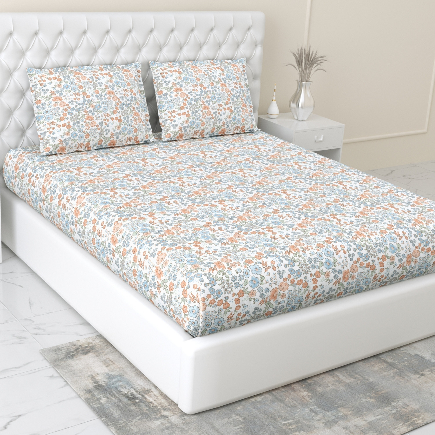 Image of haus & kinder Cotton Double Fitted (Elastic) 186 TC Printed 1 Bedsheet with 2 Pillow Covers
