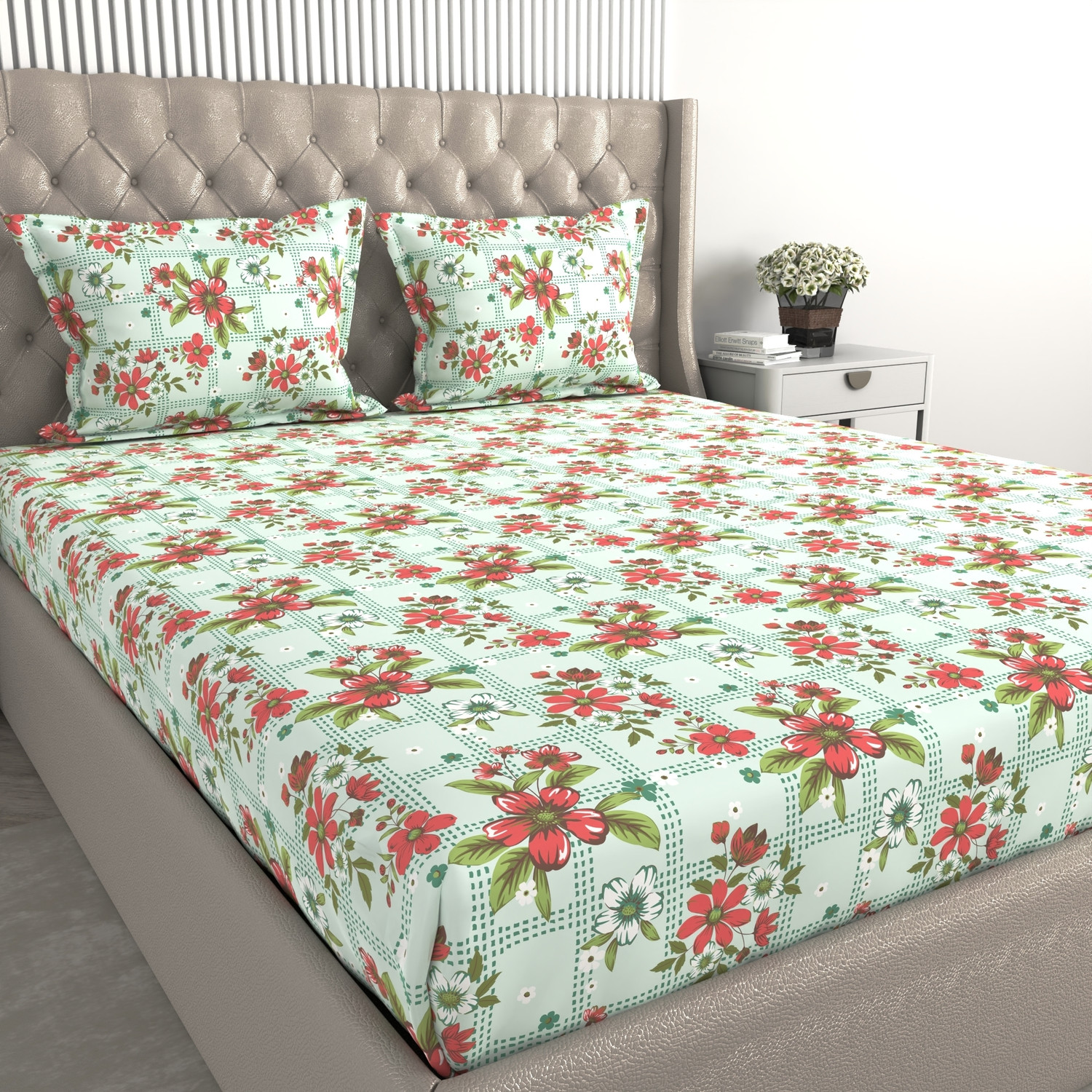 Image of Raymond Home Cotton Queen Fitted (Elastic) 104 TC Floral 1 Summer Bedsheet with 2 Pillow Covers