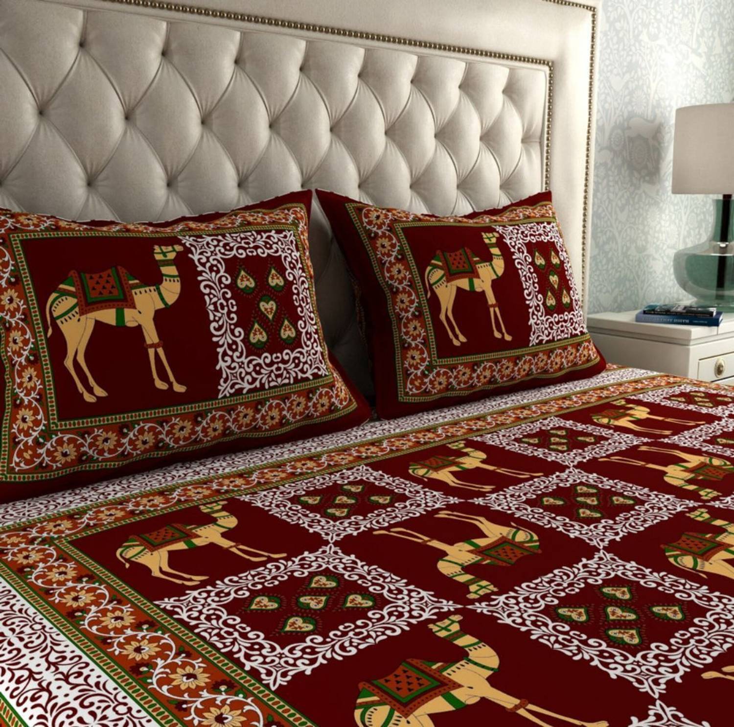 SARVOCH Cotton Queen Flat 144 TC Jaipuri Prints 1 Bedsheet with 2