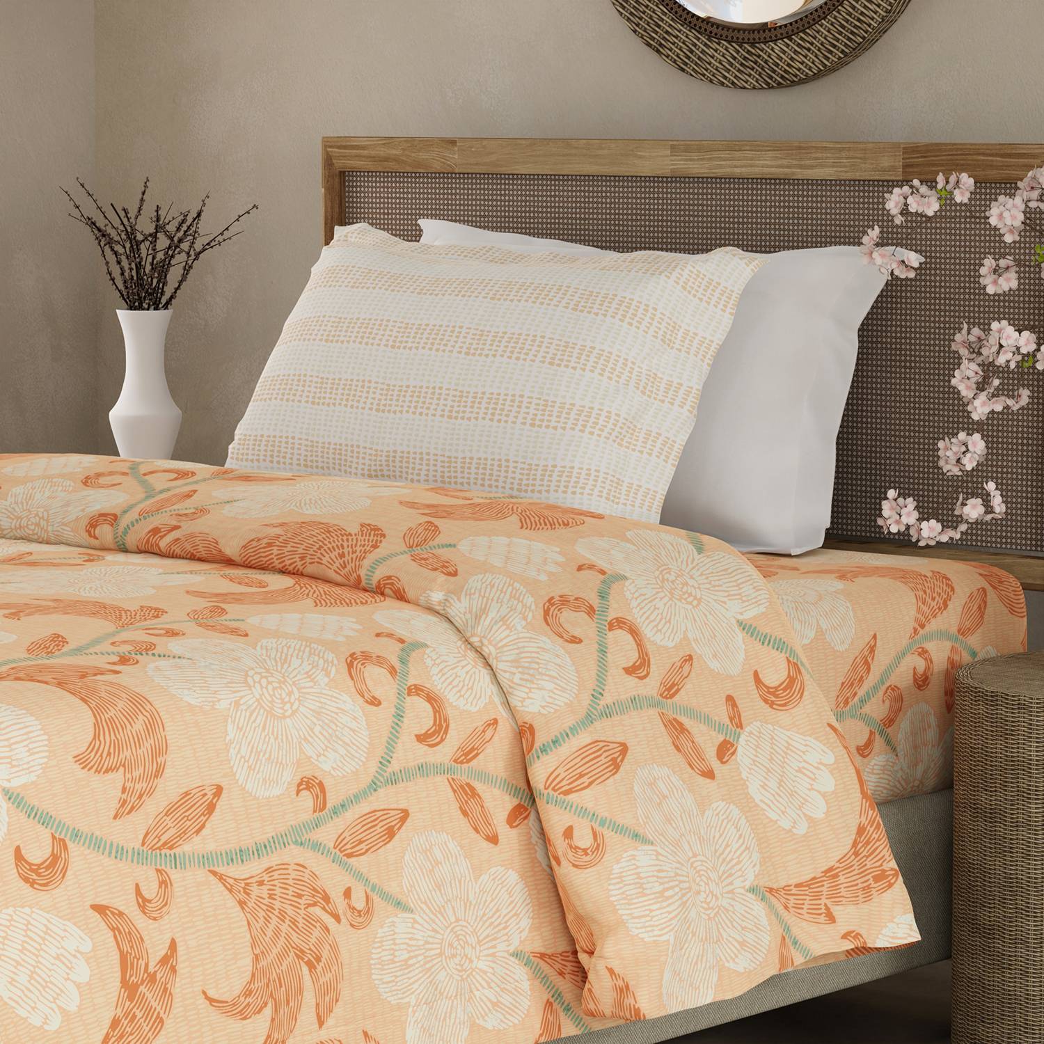 Boutique Living Cotton Single Flat 200 TC Floral 1 Bedsheet with 2 Pillow Covers