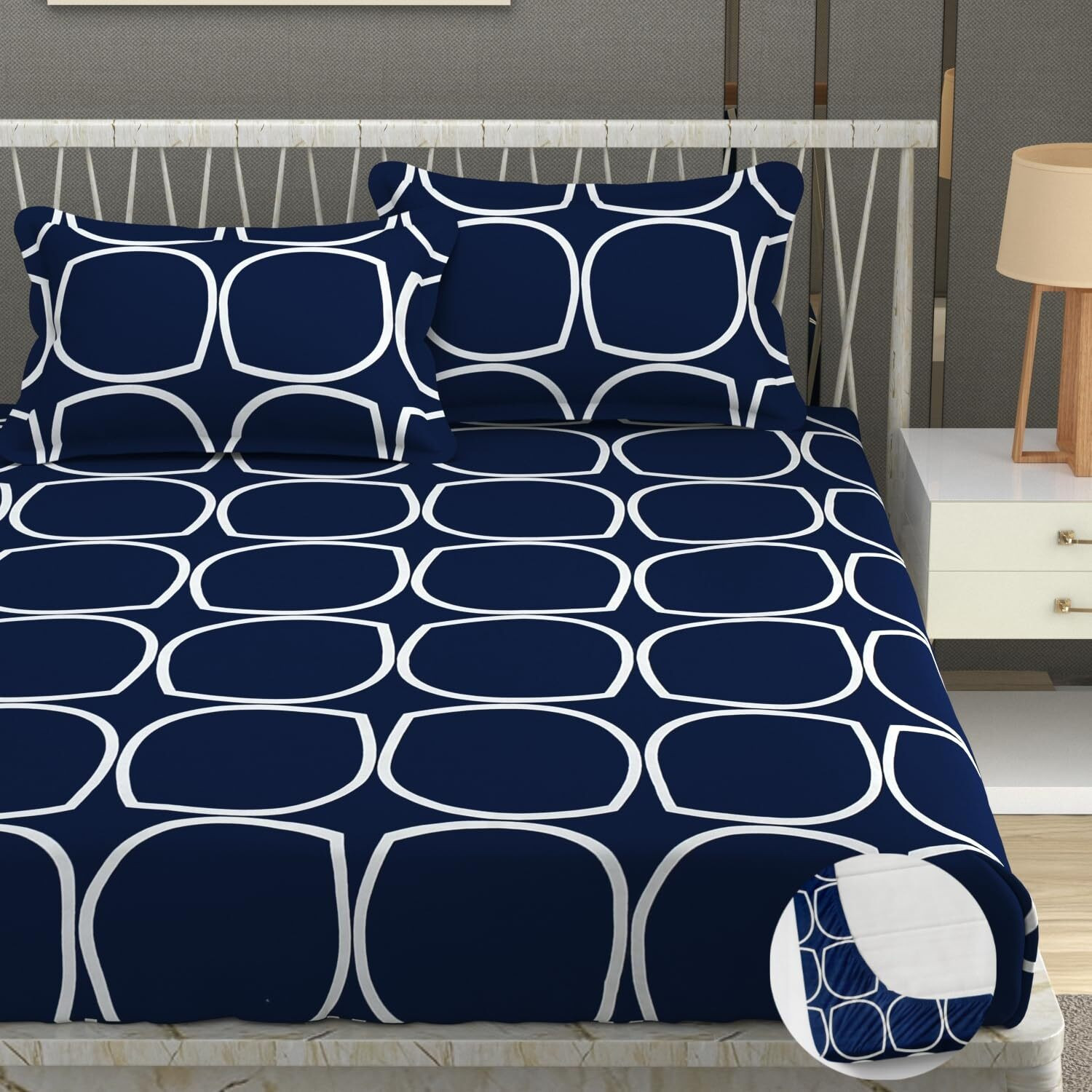 Image of jai shree shyam Cotton Double Fitted (Elastic) 180 TC Geometric 1 Bedsheet with 2 Pillow Covers