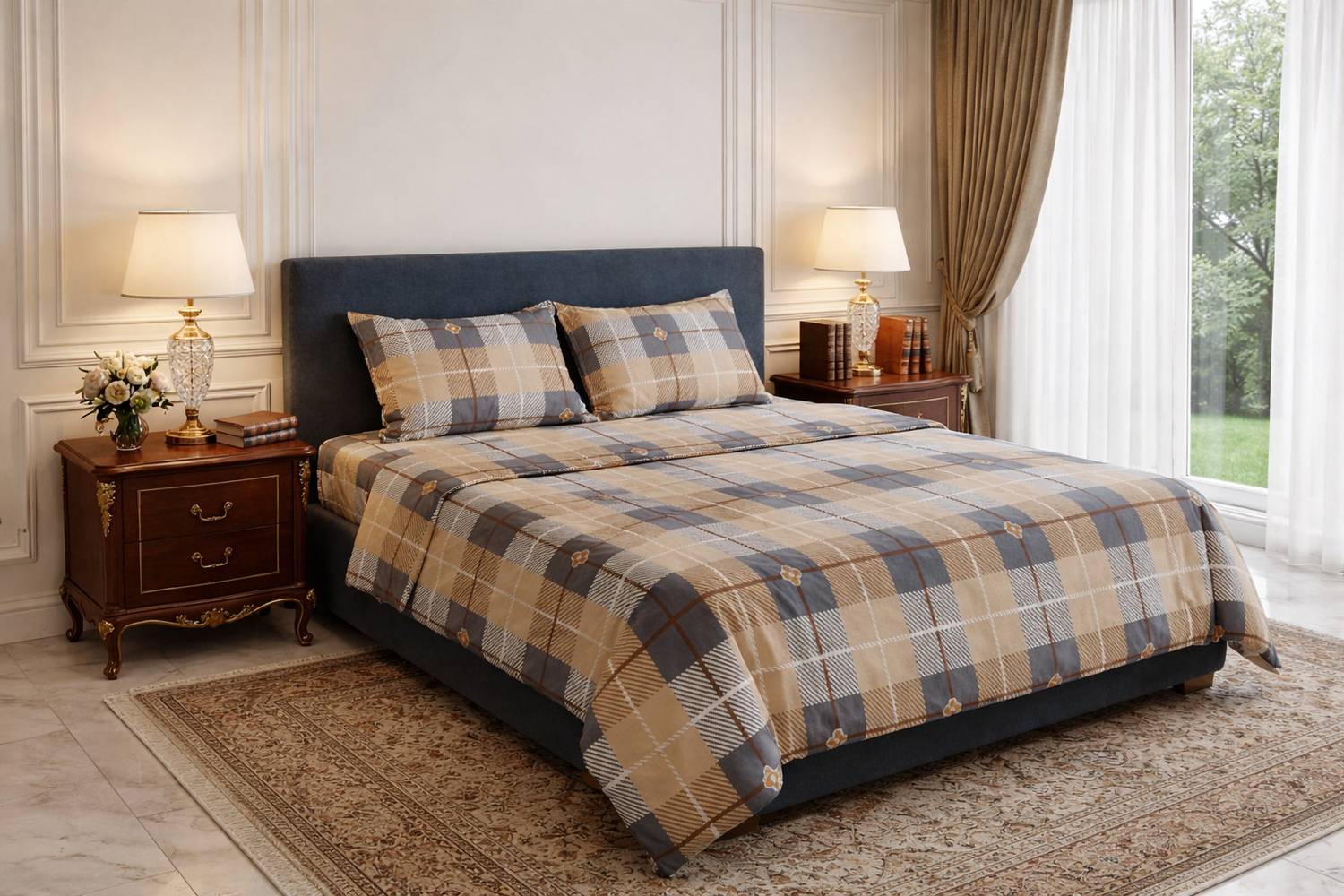 SVM Cotton Double Flat 120 TC Checkered 1 Summer Bedsheet with 2