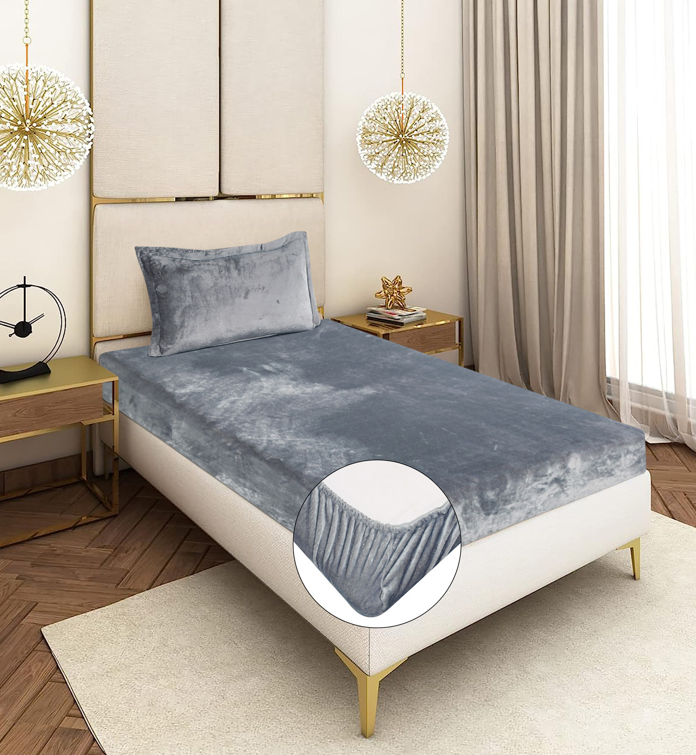 Image of CRAFTEAL Velvet Single Fitted (Elastic) 300 TC Solid 1 Bedsheet with 2 Pillow Covers