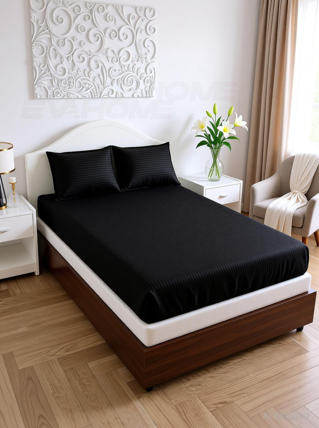 Image of EVAHOME Cotton Single Flat 300 TC Striped 1 Bedsheet with 2 Pillow Covers