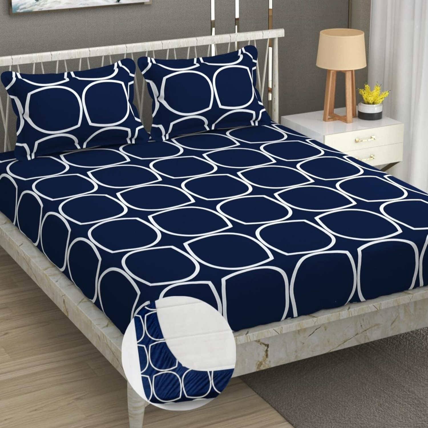 Image of jai shree shyam Cotton Double Fitted (Elastic) 180 TC Geometric 1 Bedsheet with 2 Pillow Covers