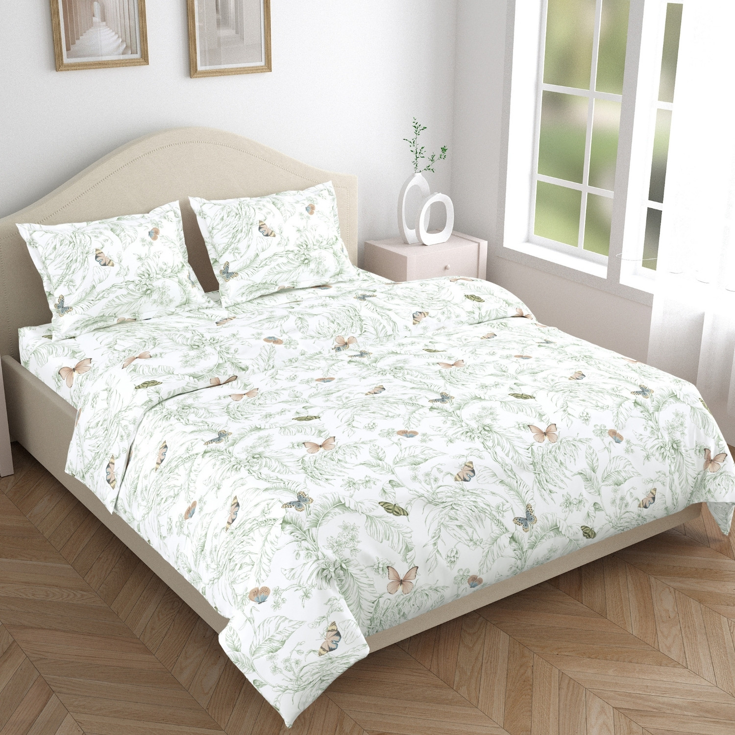 Image of haus & kinder Cotton King Flat 144 TC Floral 1 Bedsheet with 2 Pillow Covers