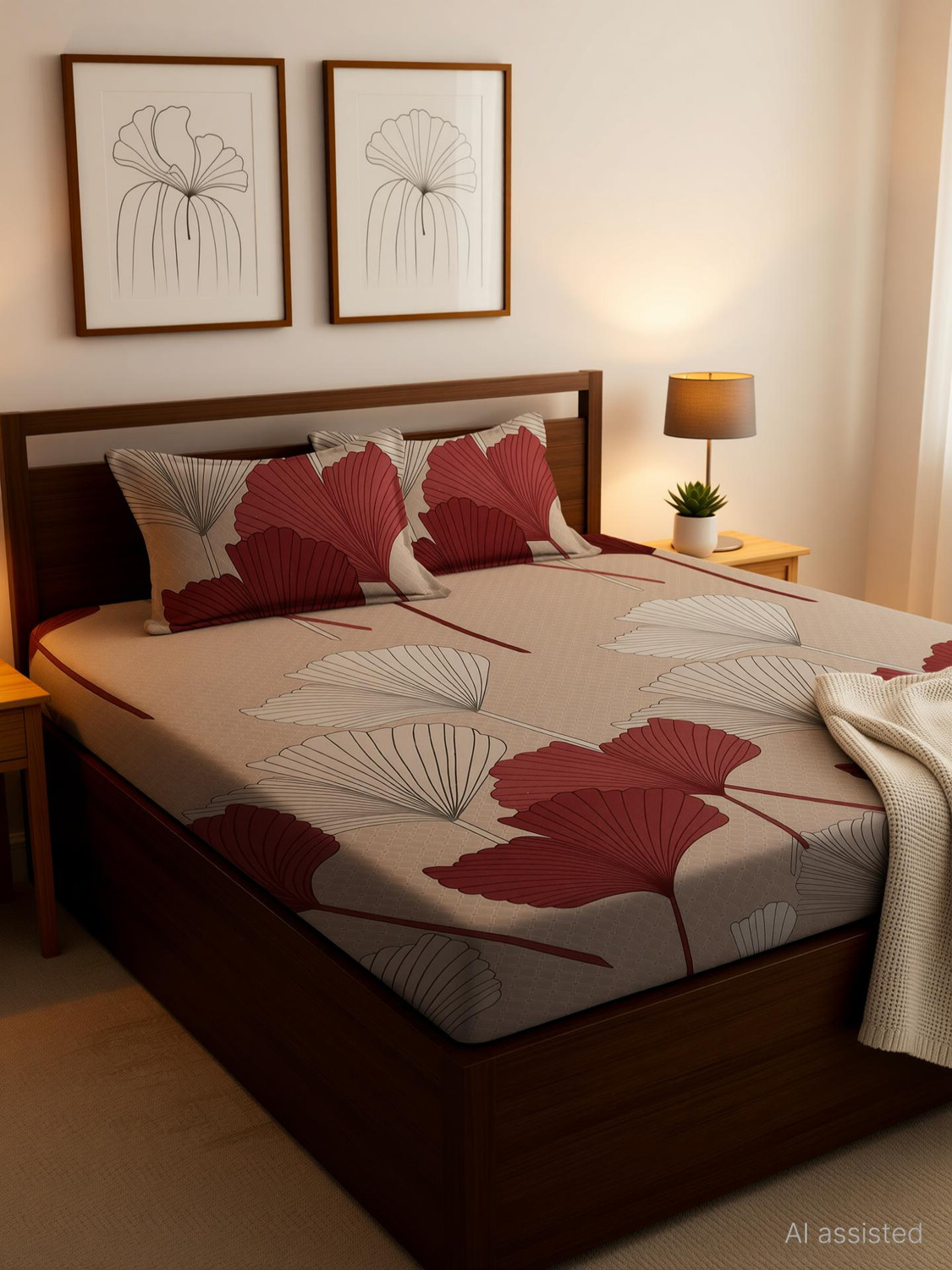 Image of Moonroof Cotton Double Fitted (Elastic) 244 TC Printed 1 Summer Bedsheet with 2 Pillow Covers