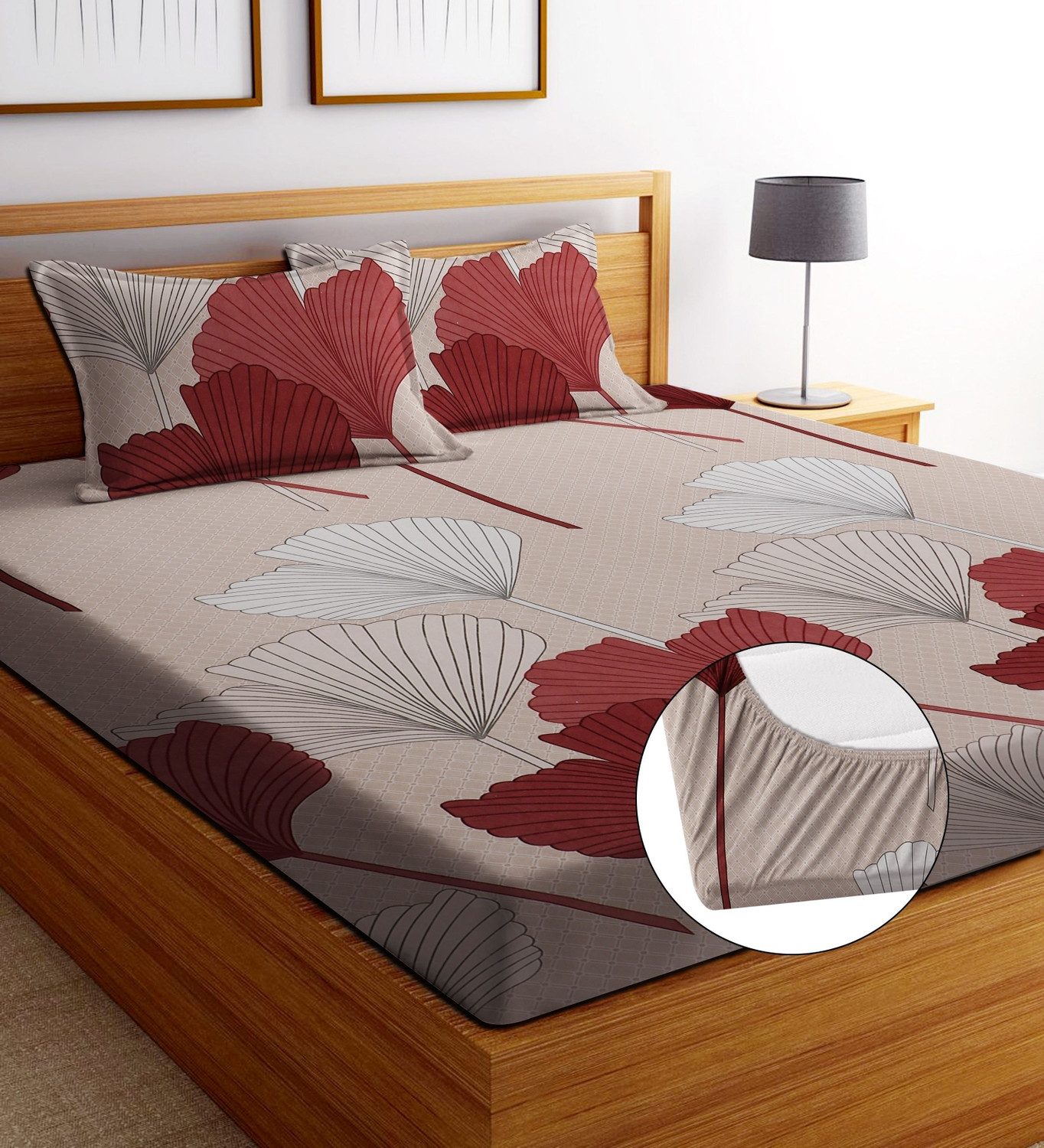 Image of Moonroof Cotton Double Fitted (Elastic) 244 TC Printed 1 Summer Bedsheet with 2 Pillow Covers