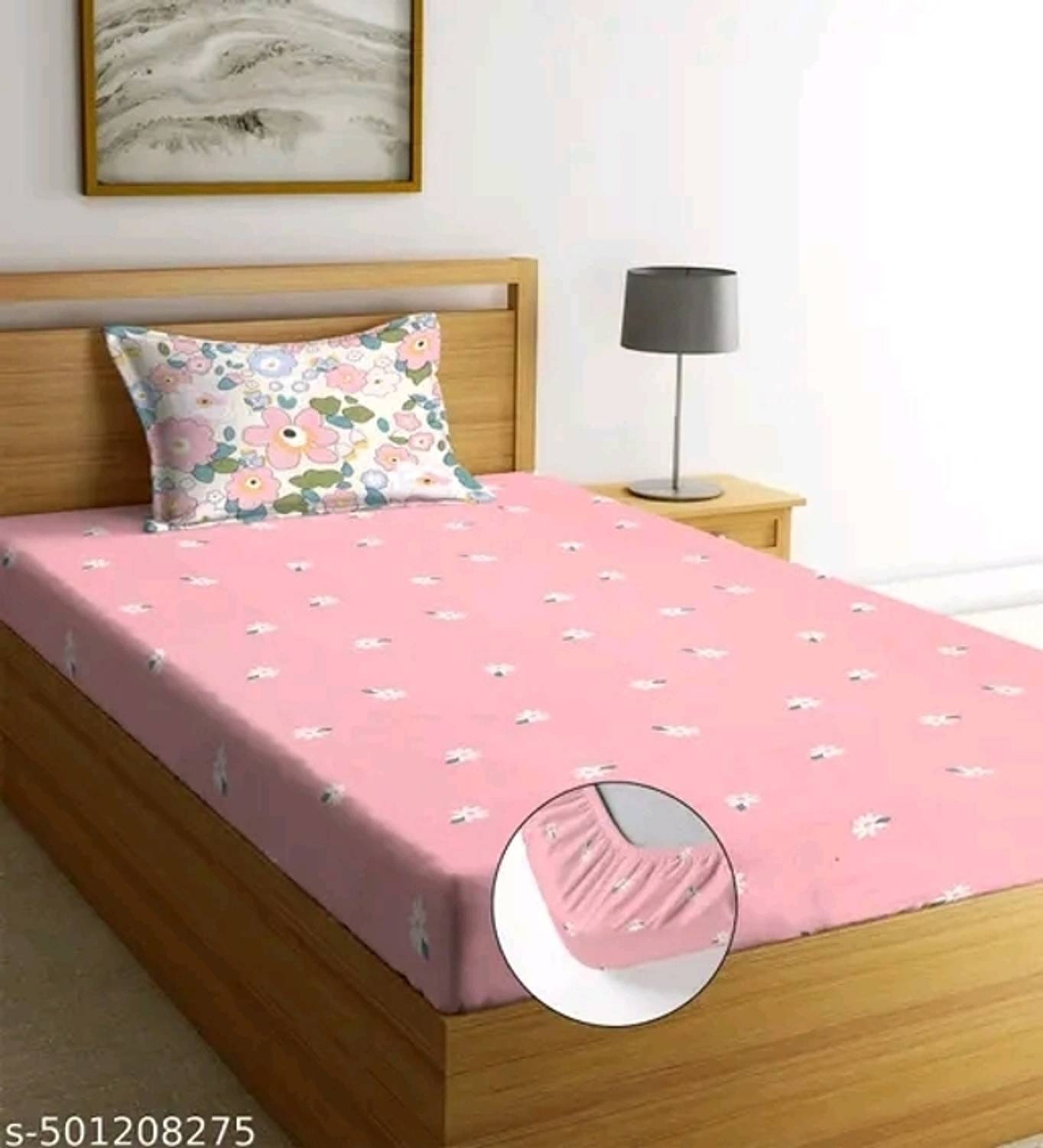 BeddingZone Cotton Single Fitted (Elastic) 210 TC Self Design 1 Bedsheet with 2 Pillow Covers, 2 Cushion Covers