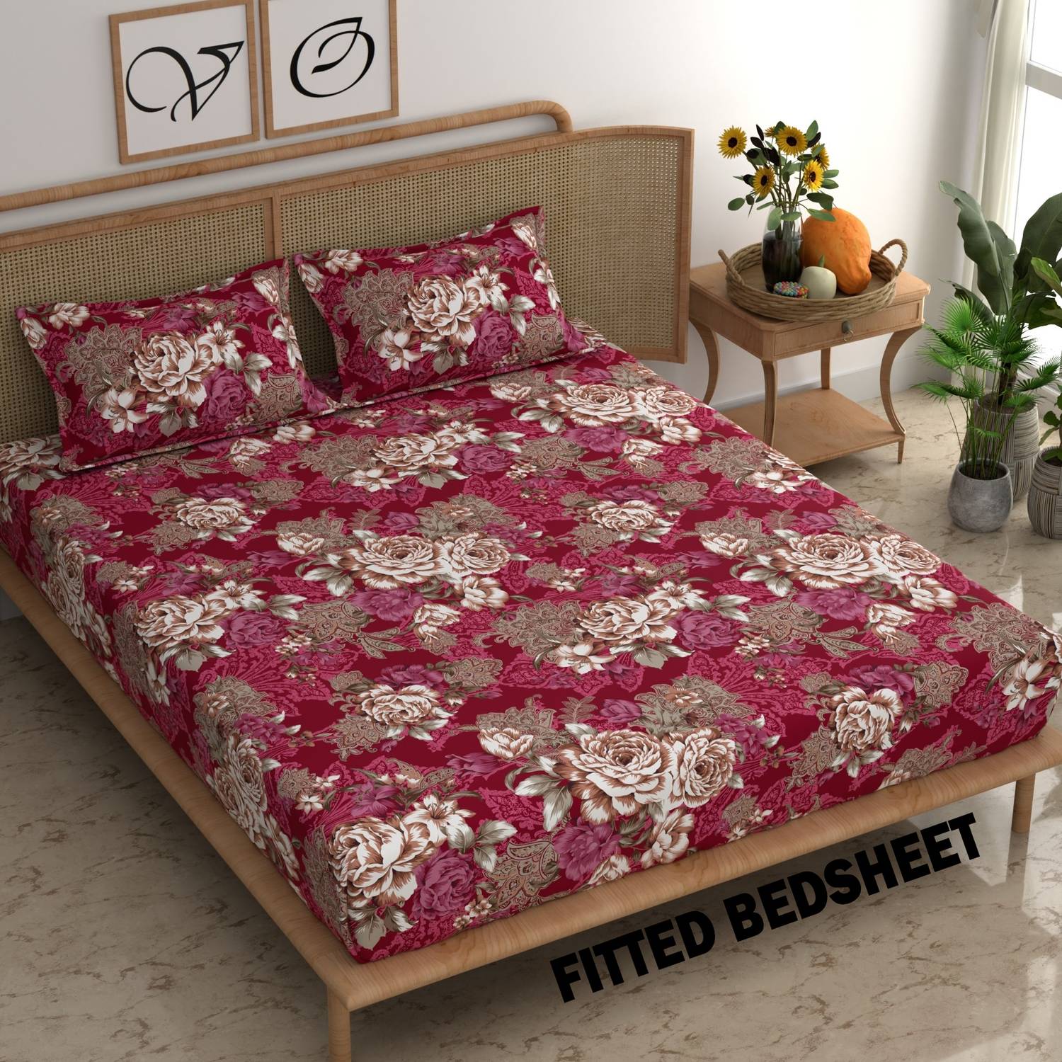 CG Homes Cotton Double Fitted (Elastic) 180 TC Printed 1 Bedsheet