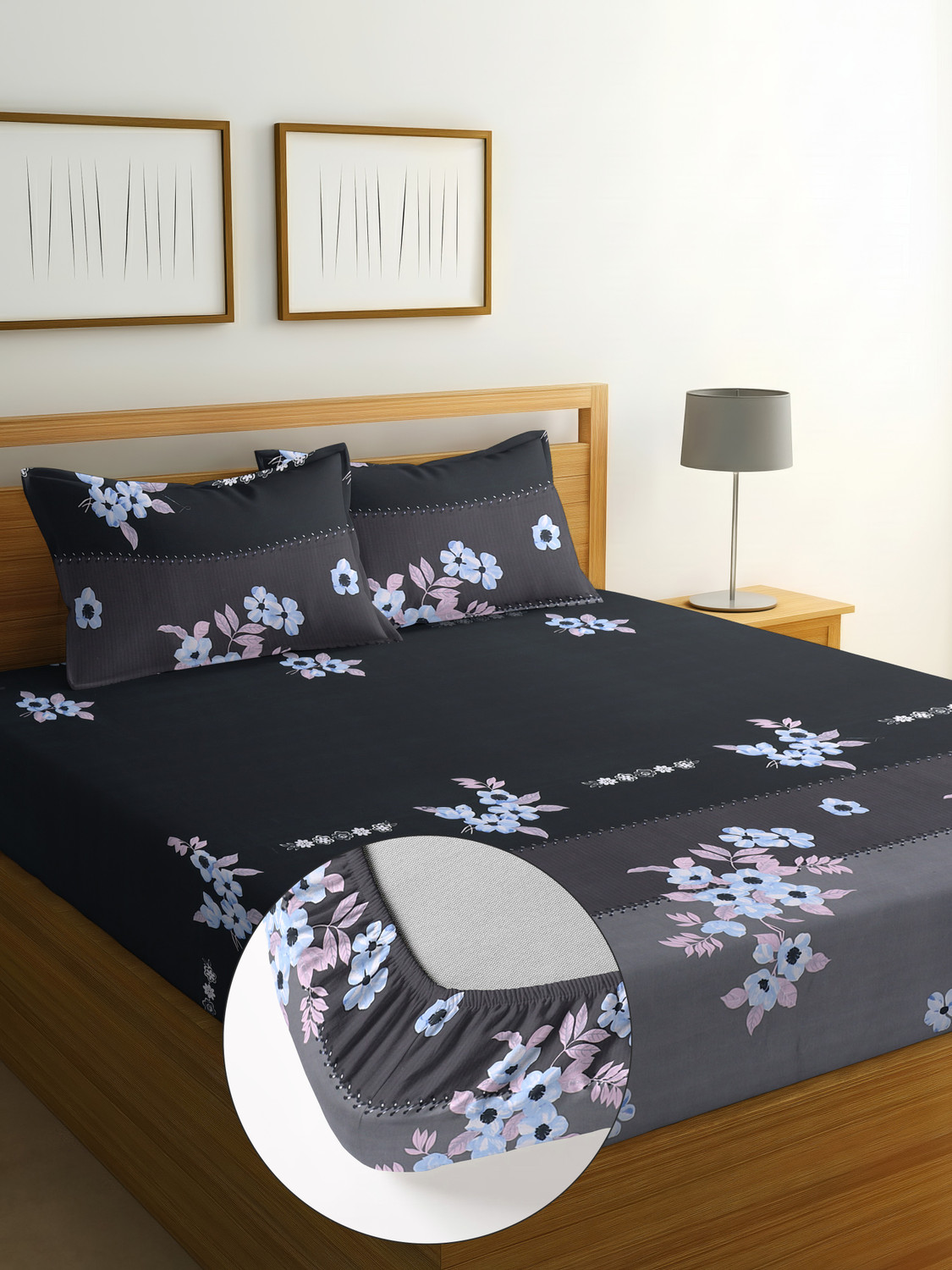 Image of Moonroof Cotton Double Fitted (Elastic) 244 TC Printed 1 Summer Bedsheet with 2 Pillow Covers