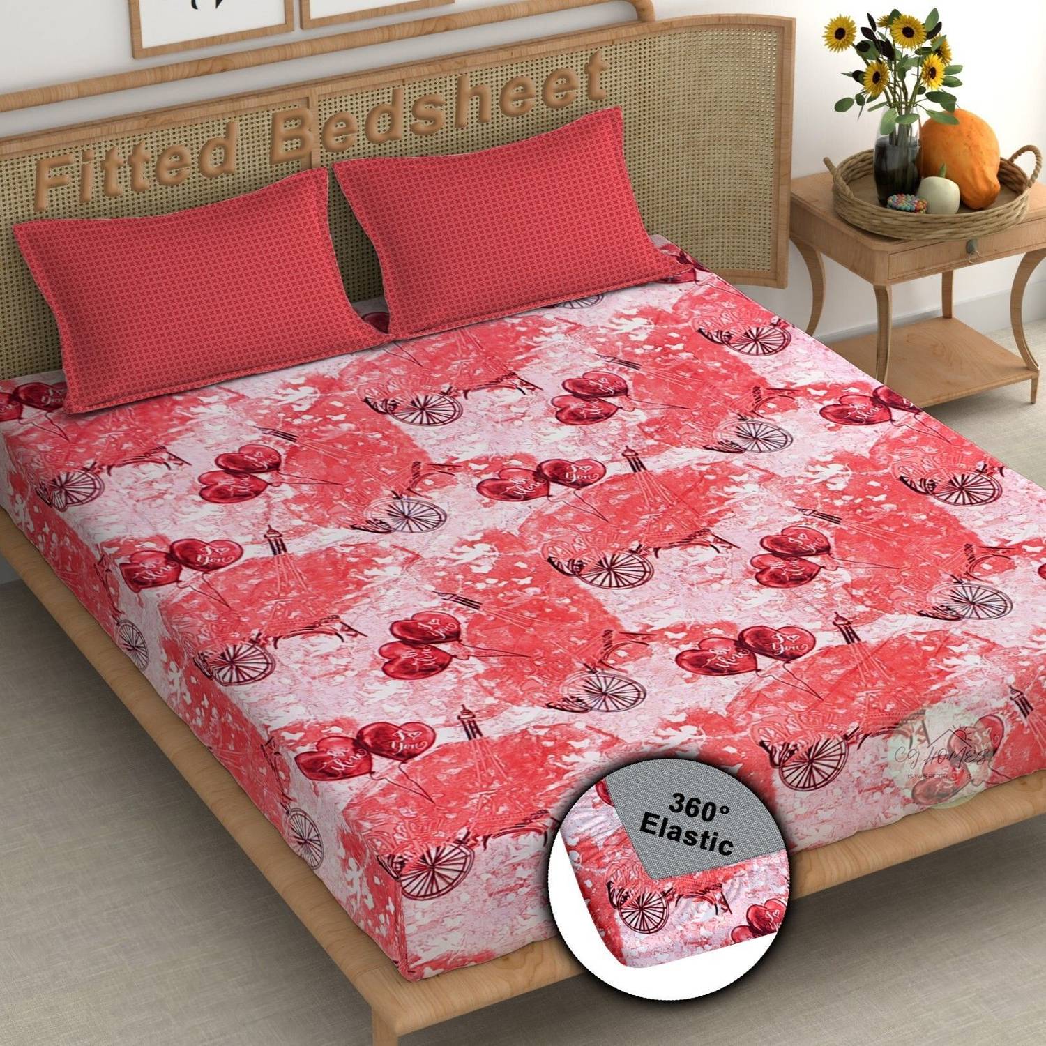 CG Homes Cotton Double Fitted (Elastic) 180 TC Printed 1 Bedsheet