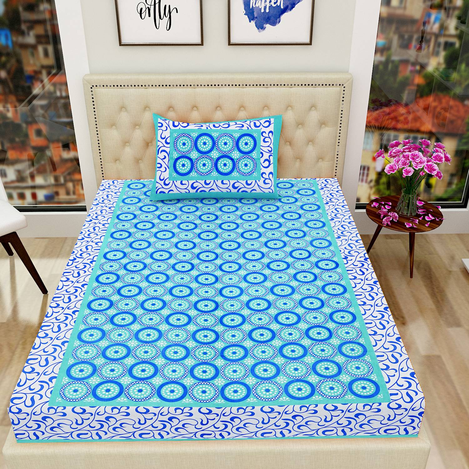 Monik Handicrafts Cotton Single Flat 104 TC Jaipuri Prints 1 Summer Bedsheet