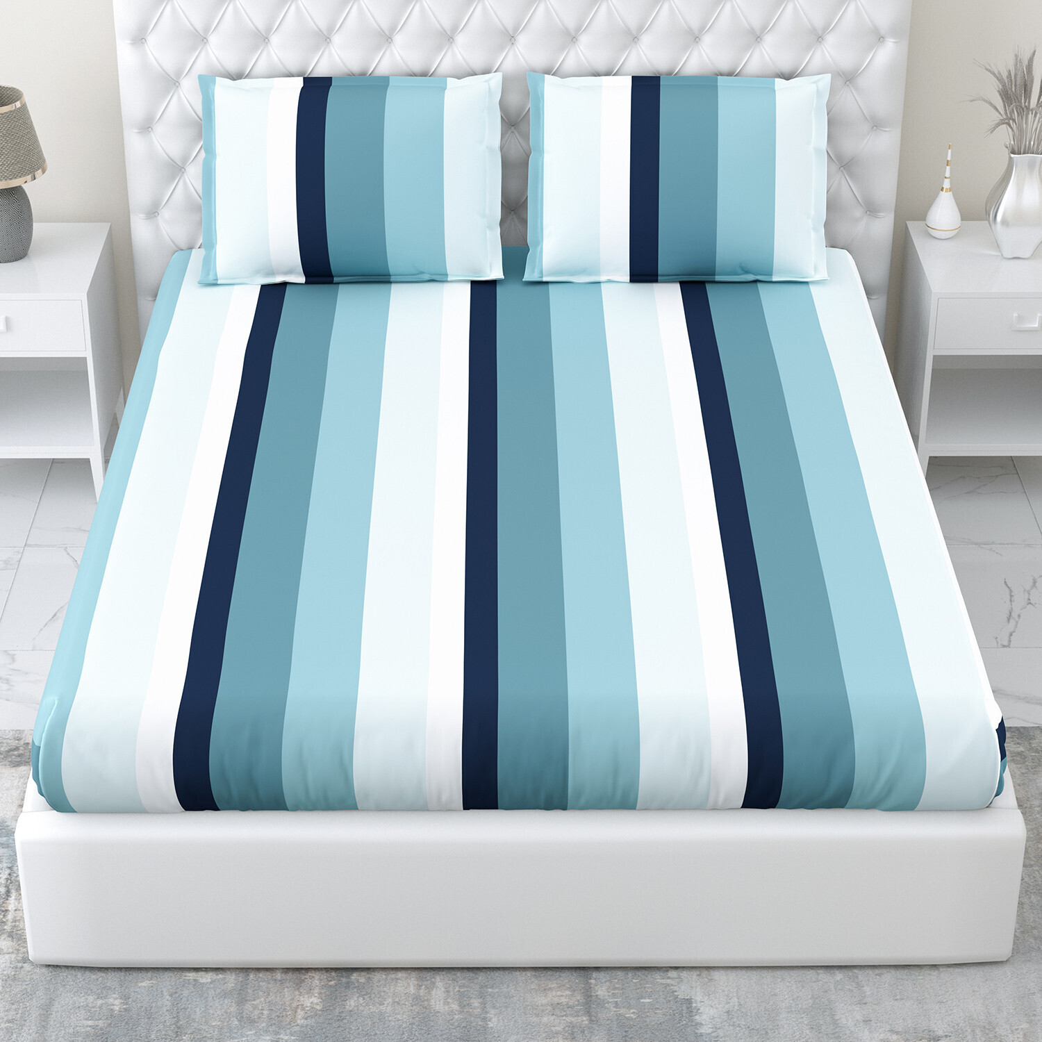 Image of haus & kinder Cotton Double Fitted (Elastic) 186 TC Printed 1 Bedsheet with 2 Pillow Covers