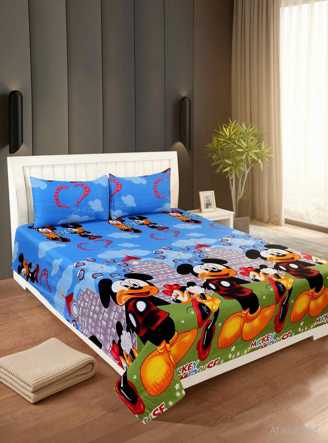 ANIKET Polycotton Double Flat 180 TC Cartoon 1 Bedsheet with 2 Pillow Covers