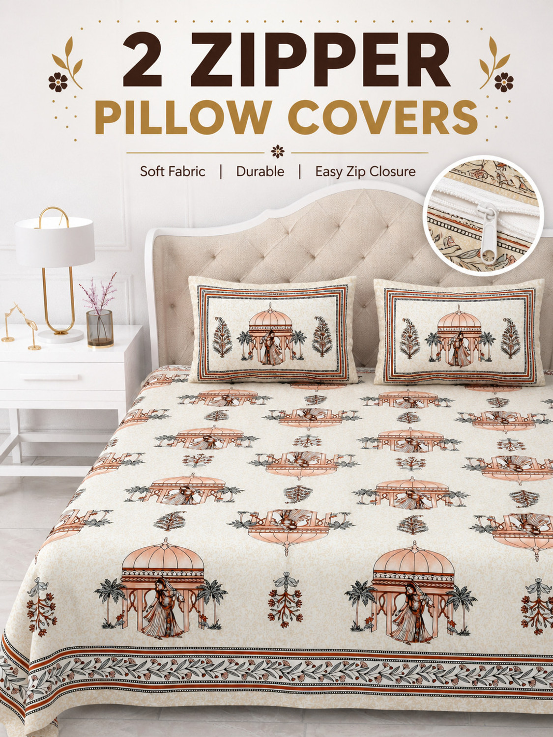 Image of HANSHI Cotton King Flat 260 TC Printed 1 Bedsheet with 2 Pillow Covers