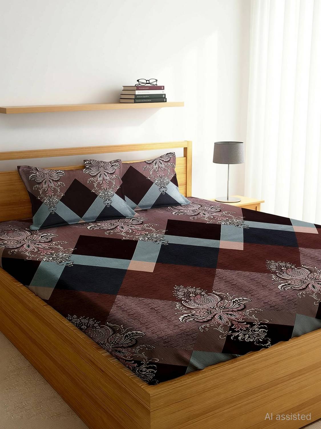 adhb Cotton Double Fitted (Elastic) 310 TC Checkered 1 Bedsheet with 2 Pillow Covers