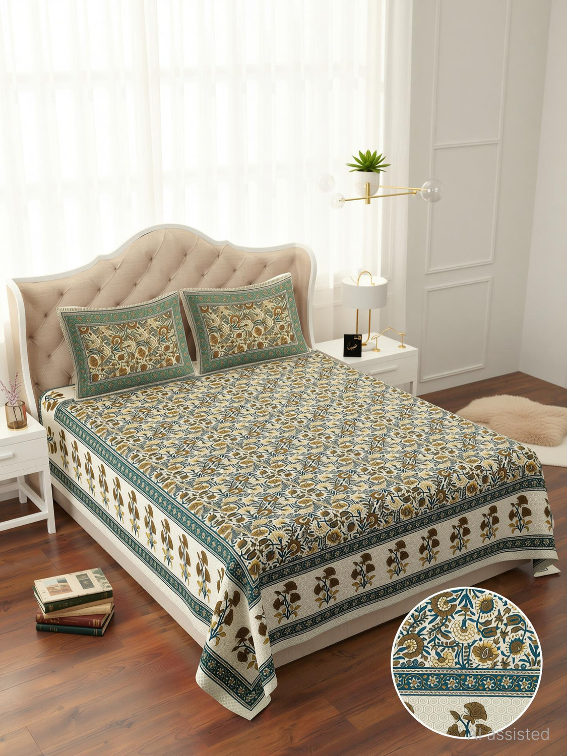 Image of SIZAR Cotton Queen Flat 104 TC Jaipuri Prints 1 Bedsheet with 2 Pillow Covers